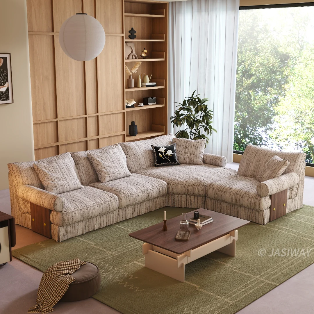 JASIWAY texturizado lino mezcla sofá– Minimalista Crema Blanco Tapizado sofá con Madera maciza detalle| cómodo Sala asiento