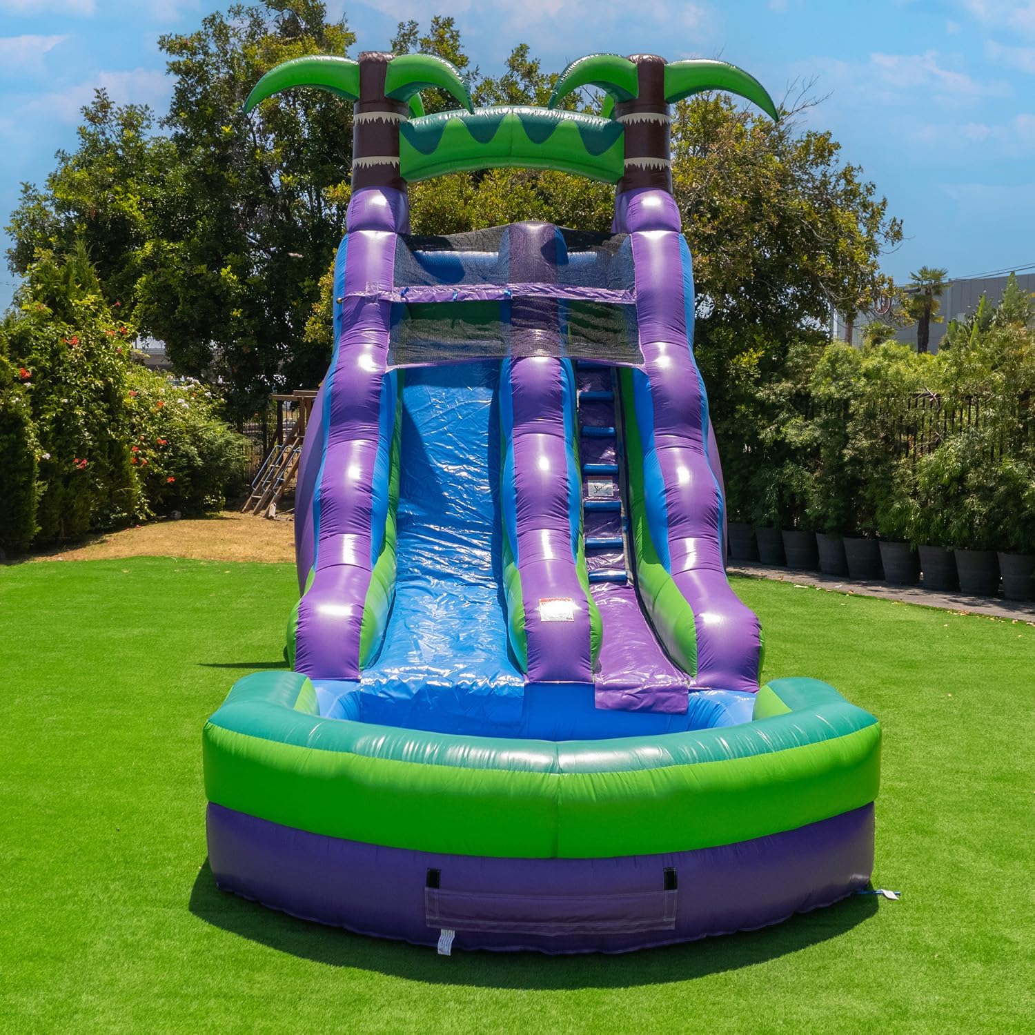 HeroKiddo 16′ Purple Tropical Lightweight Premium Commercial Grade Water Slide Inflatable with Attached Pool for Kids and Adults (with Blower), Wet Dry Use, Summer Fun