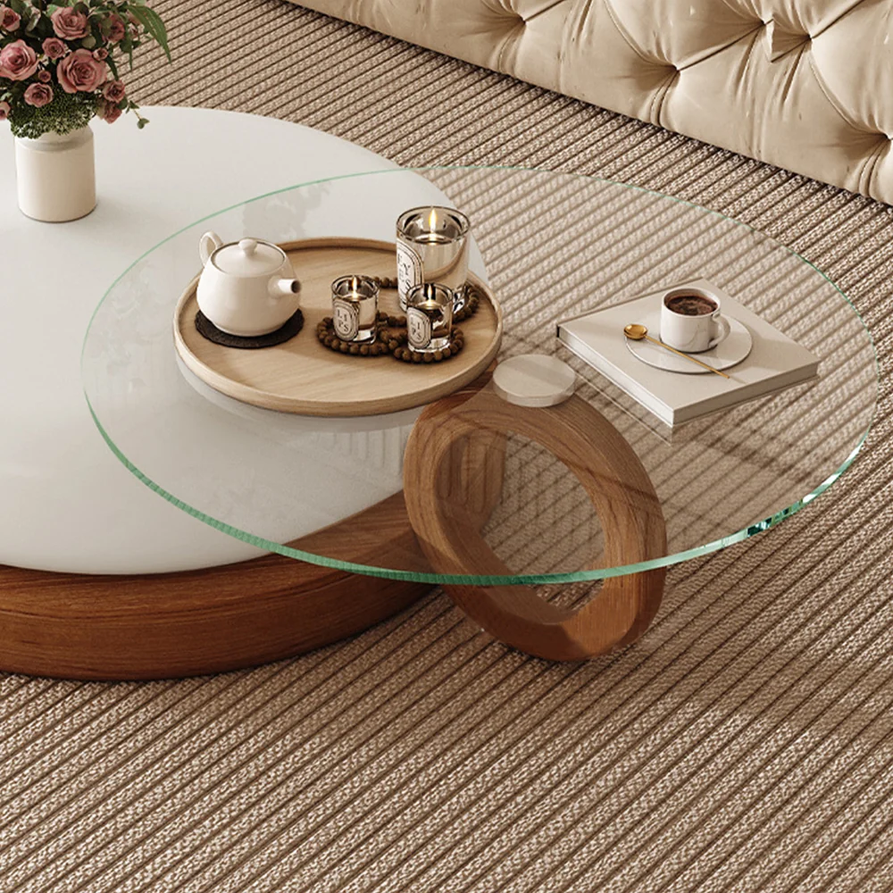 NÓVORA CASA Redondo Mesa de centro– vidrio superior & Madera maciza pata