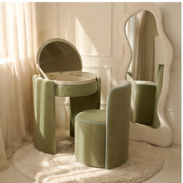 LunaNest™ | Tocador compacto tapizado con espejo y silla