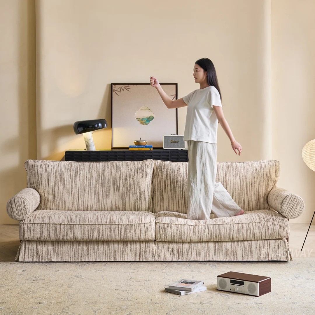 JASIWAY texturizado lino mezcla sofá– Minimalista Crema Blanco Tapizado sofá con Madera maciza detalle| cómodo Sala asiento