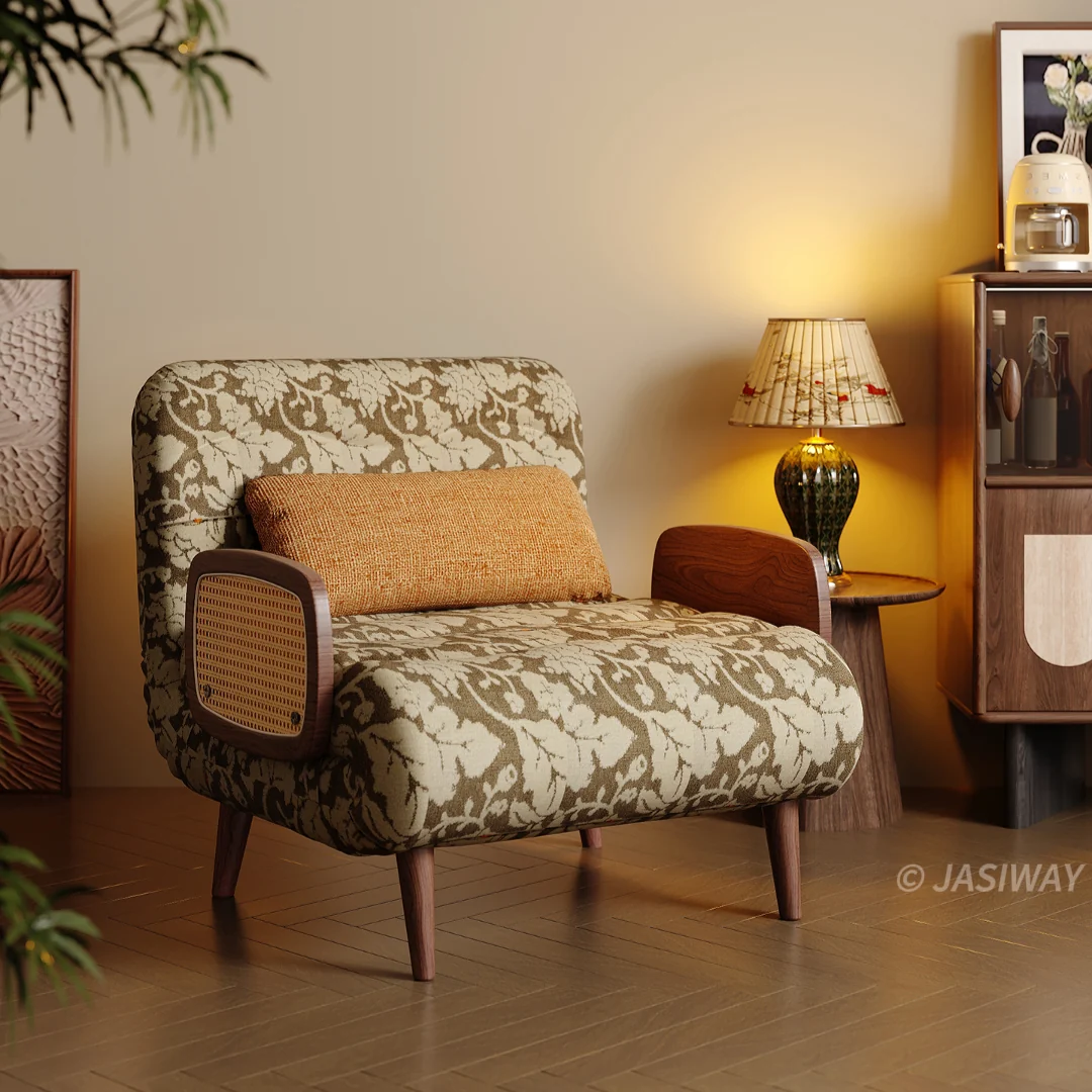 NÓVORA CASA mediados siglo ratán brazo cama sillón| transformable sillón cama con Madera maciza & ratán tejido reposabrazos, 3-en-1 descanso diván para pequeño espacios