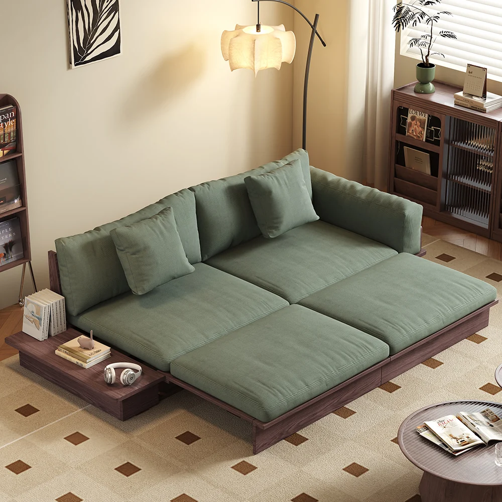 NÓVORA CASA piso plataforma madera estructura Sofá cama– de doble cara reposabrazos, pana o lino mezcla tapizado