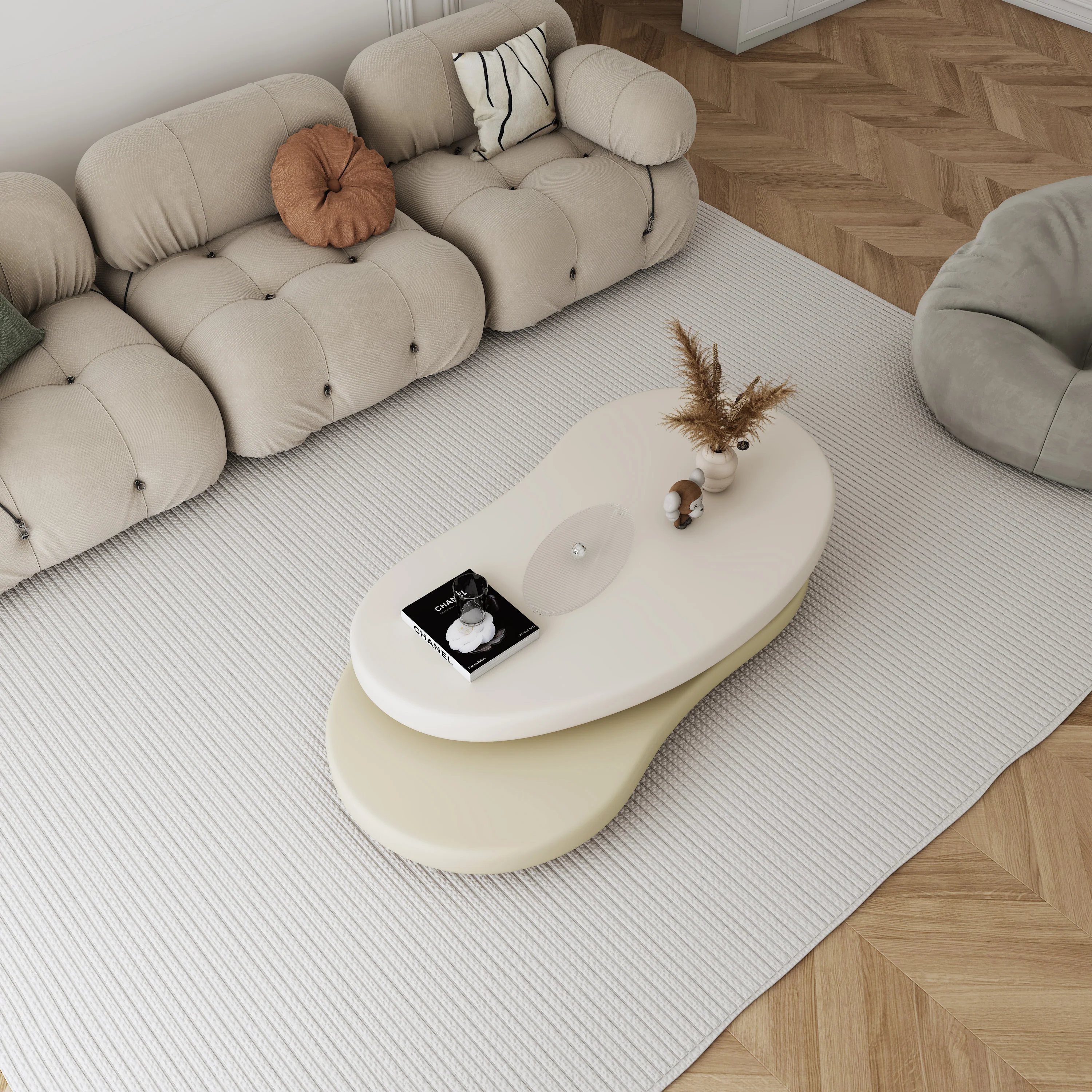 NÓVORA CASA Minimalista giratorio Mesa de centro con único Ovalado diseño- apagado Blanco & Beige elegancia