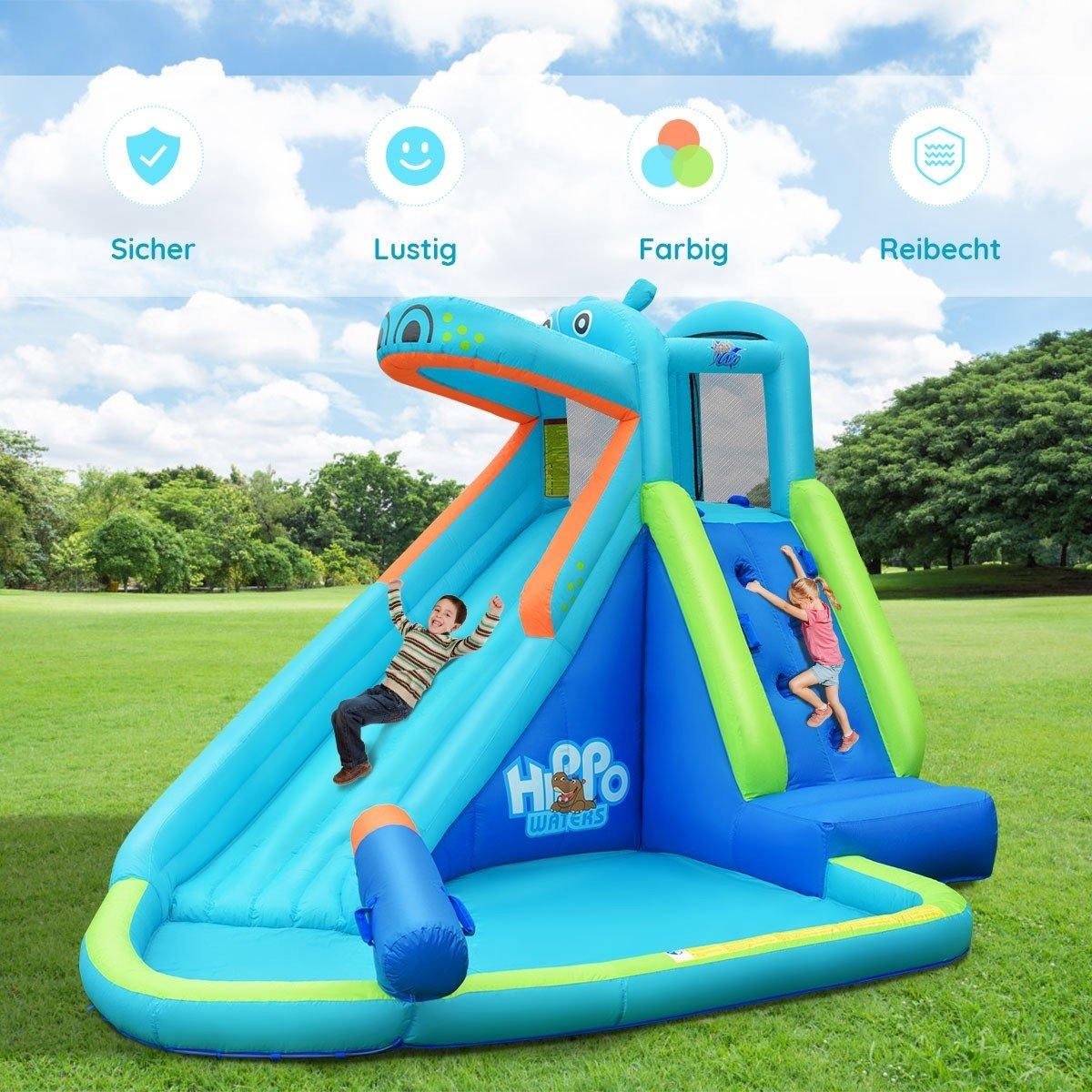 BOUNTECH Inflatable Water Slide, Hippo Themed Kids Waterslide Park for Outdoor w/Long Slide & Splash Pool