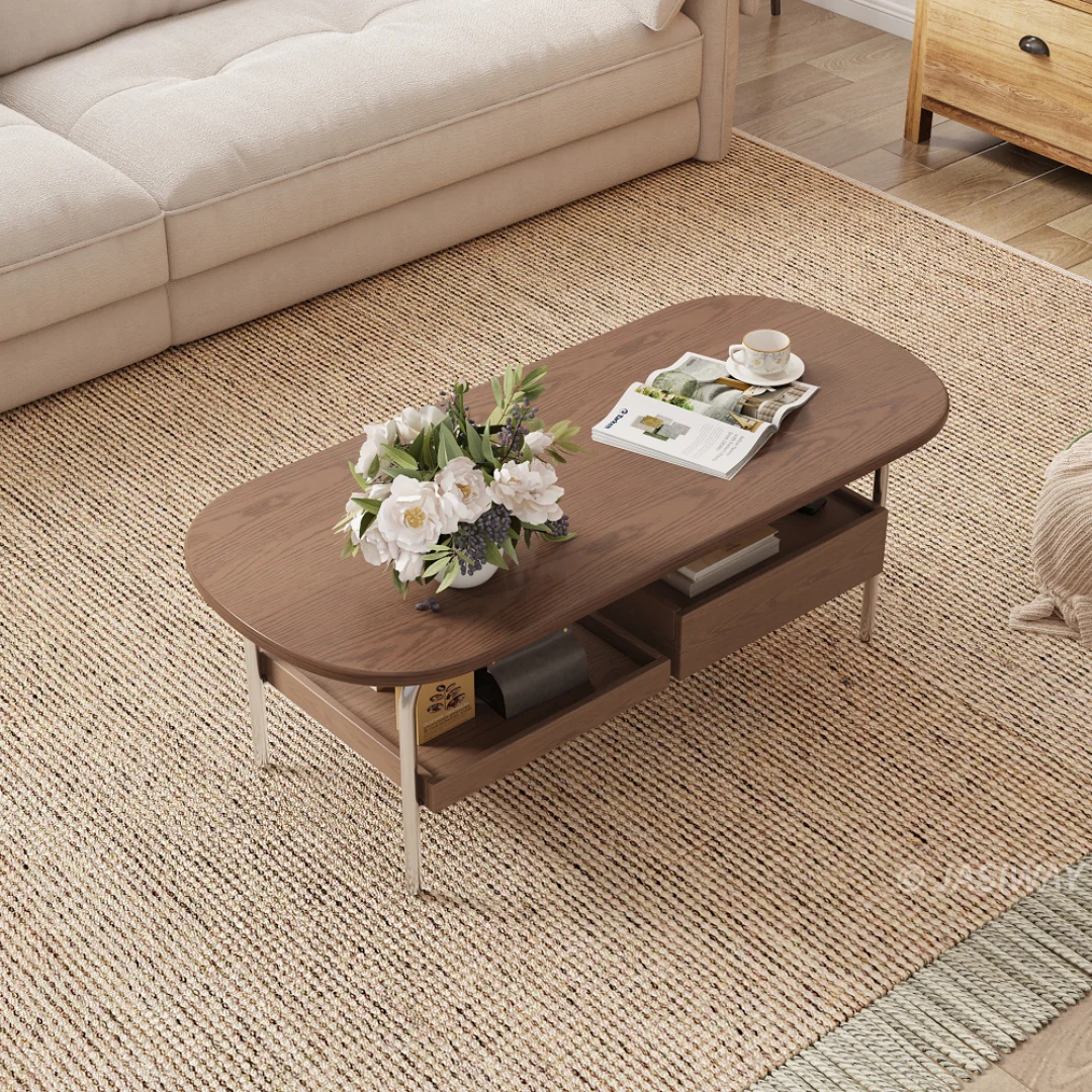 NÓVORA CASA Ovalado Mesa de centro con Almacenamiento, cajón & repisa| Minimalista madera diseño para pequeño sala habitaciones