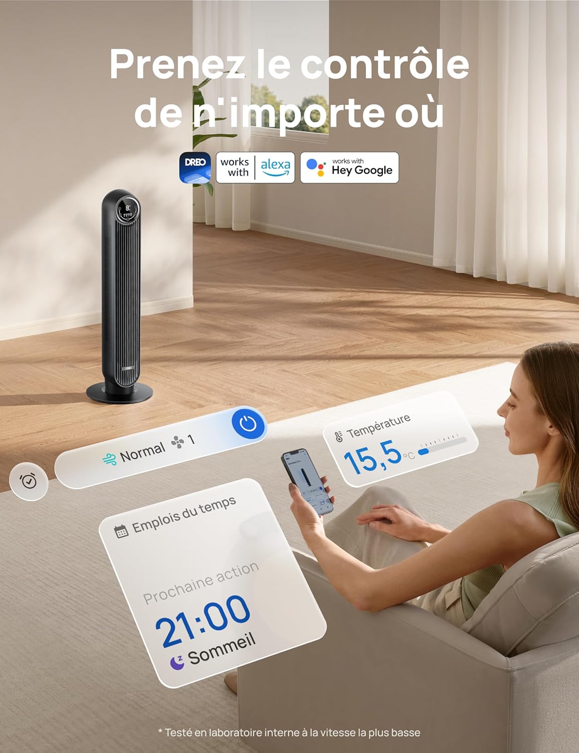 DREO Ventilateur tour intelligent avec fonction WiFi, ventilateur silencieux avec contrôle vocal et télécommande, oscillation à 90°