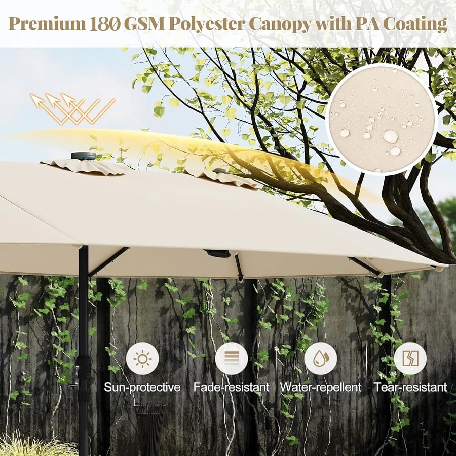 Sombrilla solar de 4,5/4 m con base, sombrilla doble extragrande para exteriores con 36 luces LED y manivela, perfecta para jardines, patios, piscinas y cobertizos exteriores.