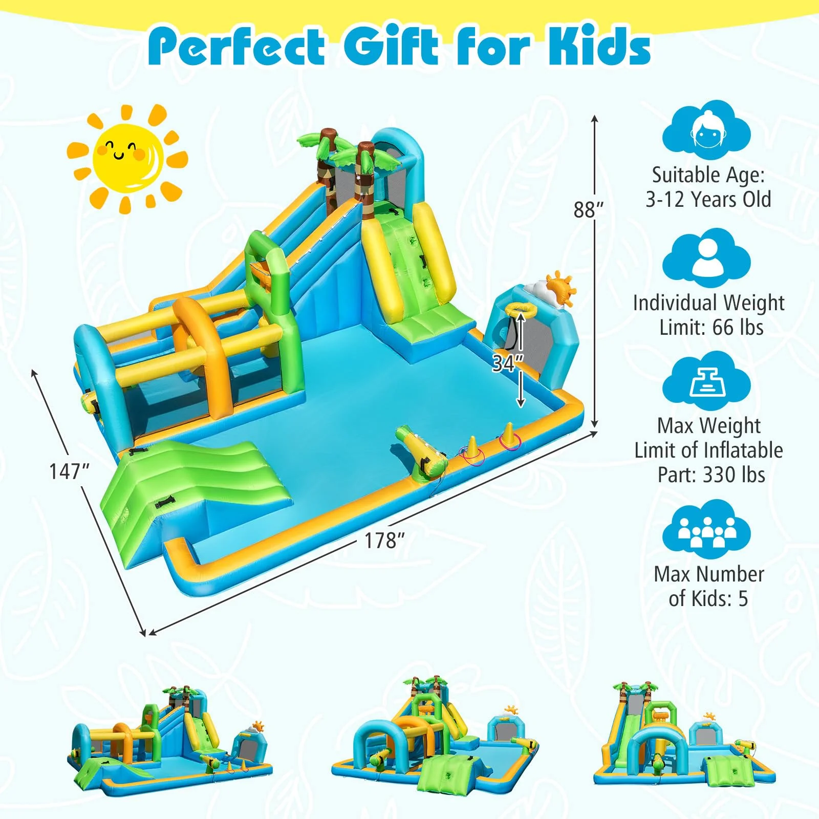 BOUNTECH Inflatable Water Slide Park 9-in-1 Water Slide with Basketball Rim