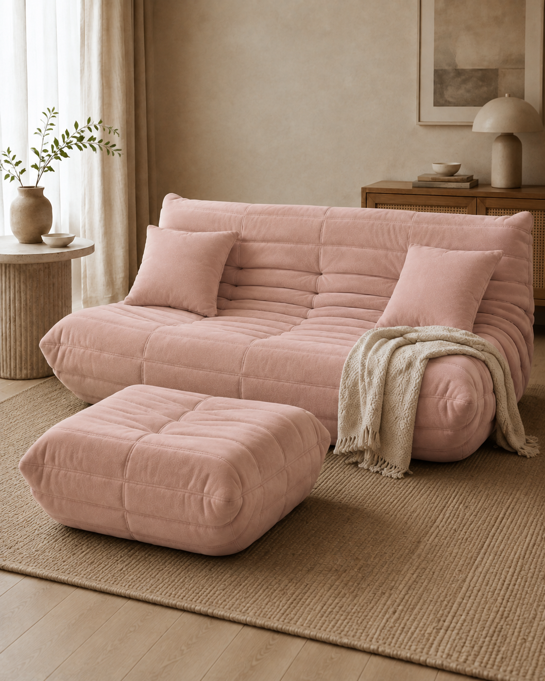 Casa completa | Sofá doble + reposapiés + 2 cojines + manta — Rosa empolvado