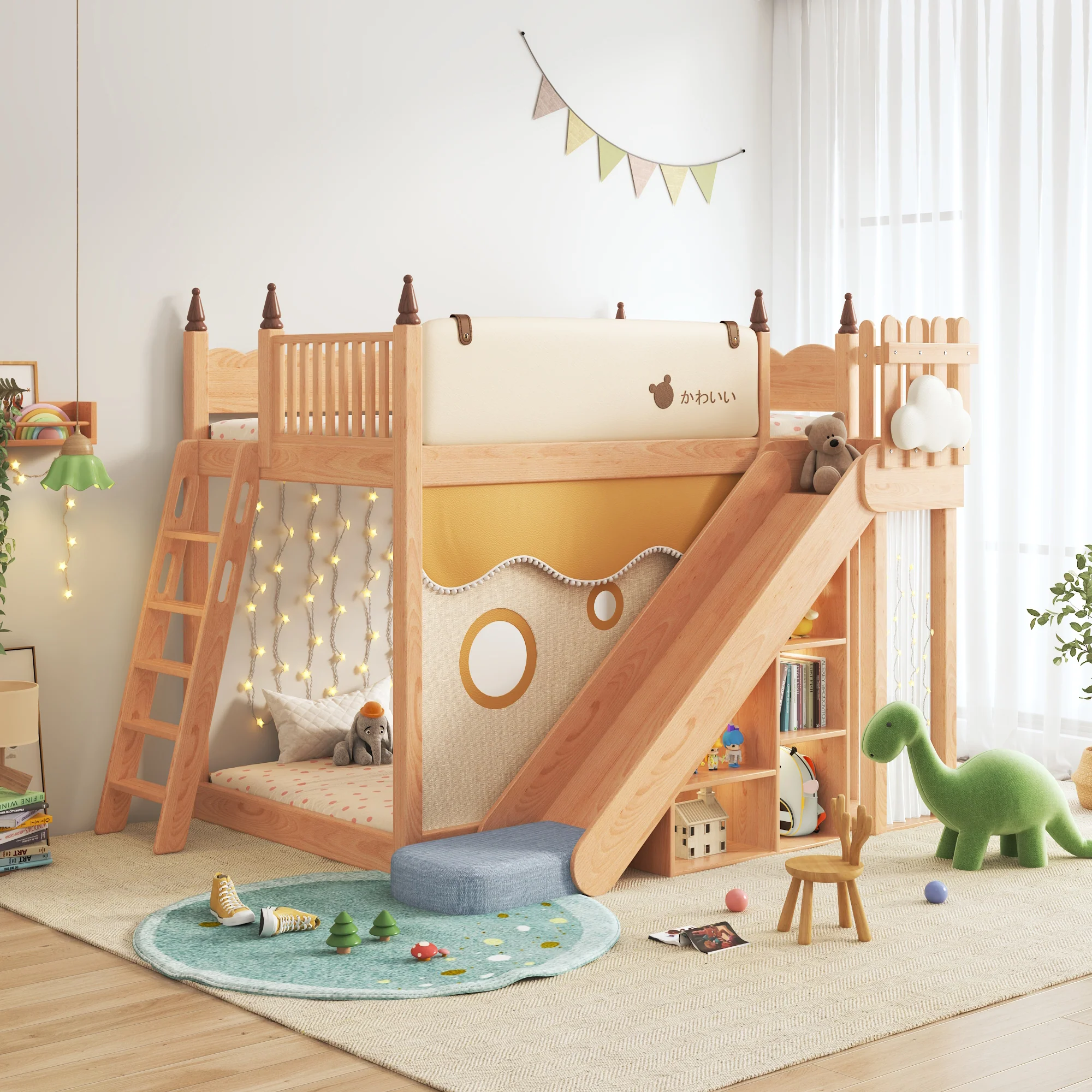 JASIWAY infantil litera cama Madera maciza loft cama con deslizante Almacenamiento y tienda