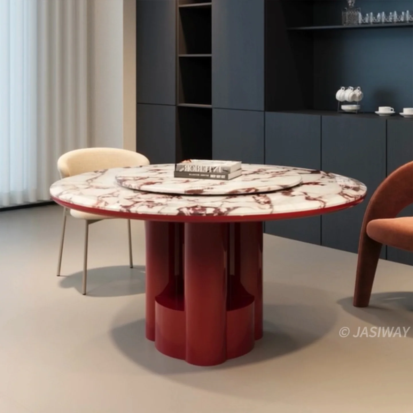 RINGCHEN De lujo Moderno Redondo Mesa de comedor| Calacatta estilo mármol superior con alto Gloss borgoña pedestal soporte