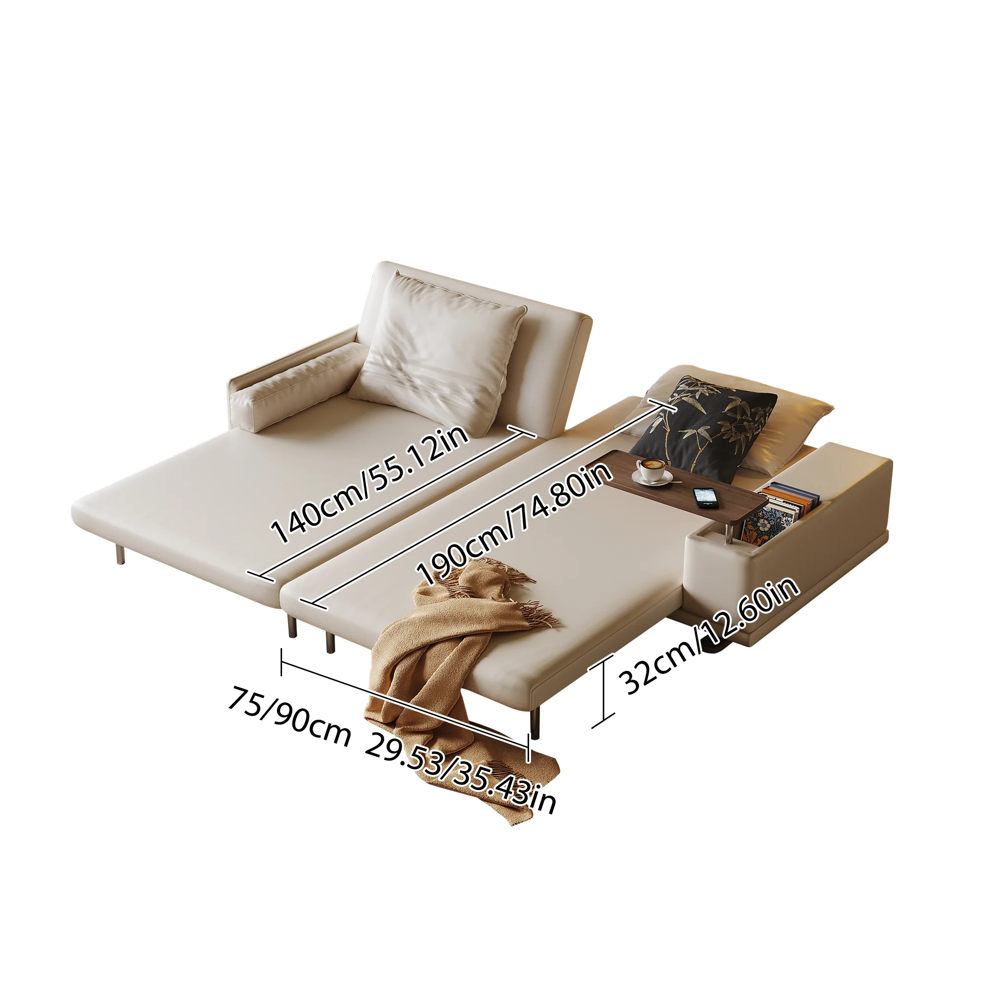 NÓVORA CASA Minimalista plegable Sofá cama con de doble cara reposabrazos & Ajustable Mesa auxiliar