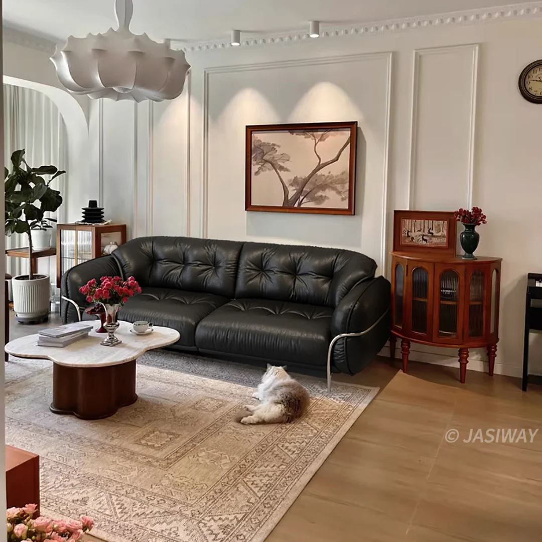 NÓVORA CASA capitonado genuino piel sofá| 3-plazas Moderno sofá con envolvente metal estructura para Sala