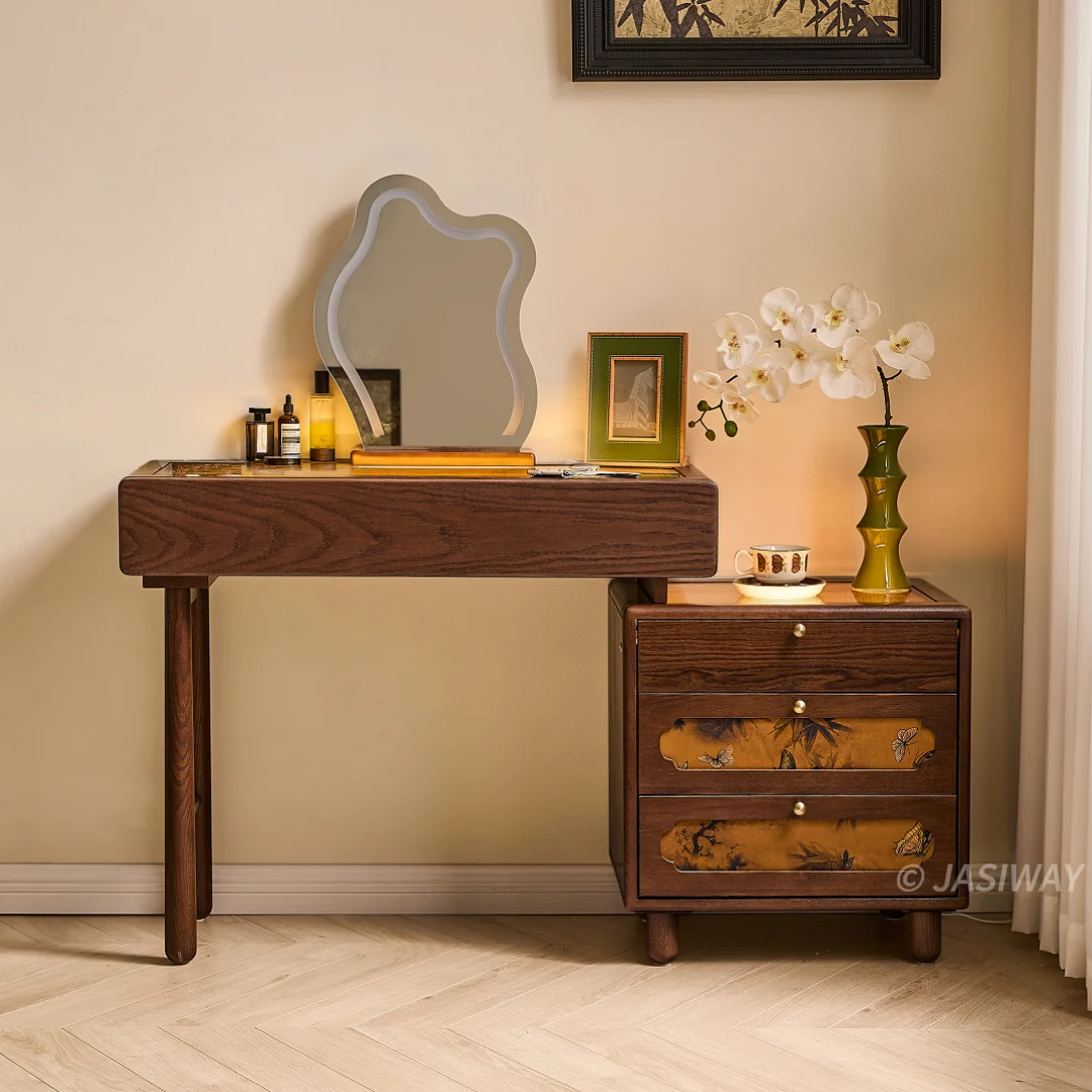 NÓVORA CASA Extensible tocador escritorio con templado vidrio superior & lateral gabinete| Madera maciza maquillaje tocador mesa con espejo & cajones para pequeño espacios
