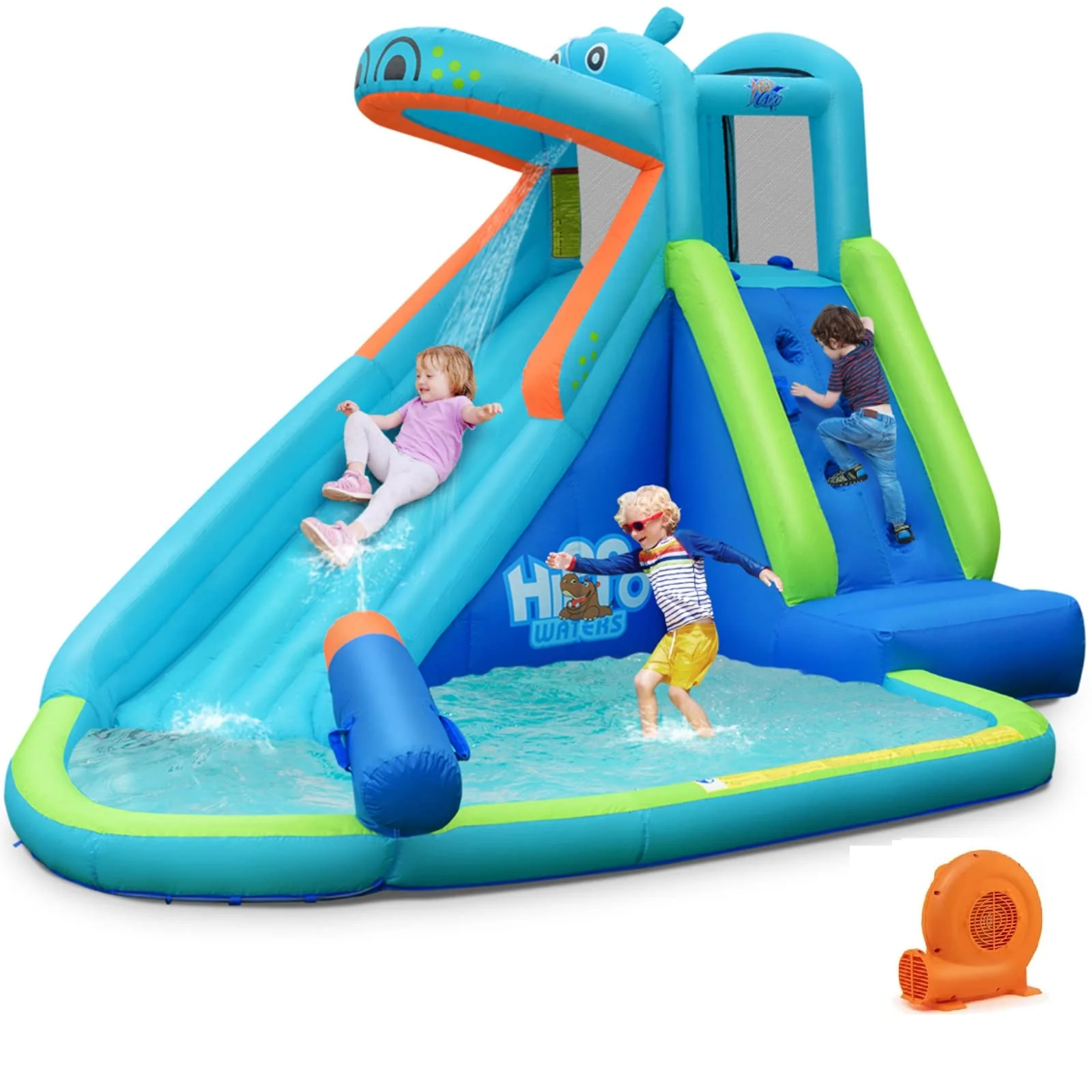 BOUNTECH Inflatable Water Slide, Hippo Themed Kids Waterslide Park for Outdoor w/Long Slide & Splash Pool