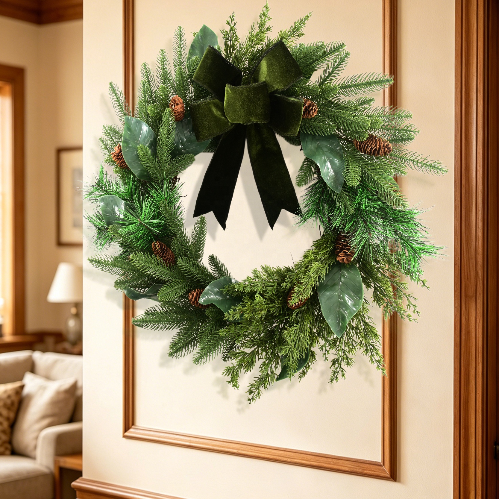 24 Inch Pinecone Velvet Bow Christmas Wreath Decoration