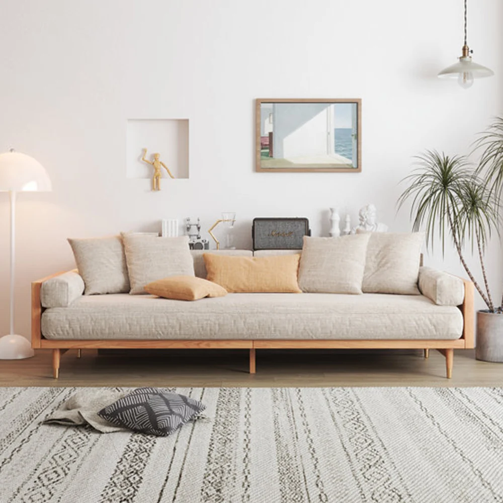 NÓVORA CASA Beige 3-asiento Tapizado lino tela sofá con Madera maciza estructura para Sala