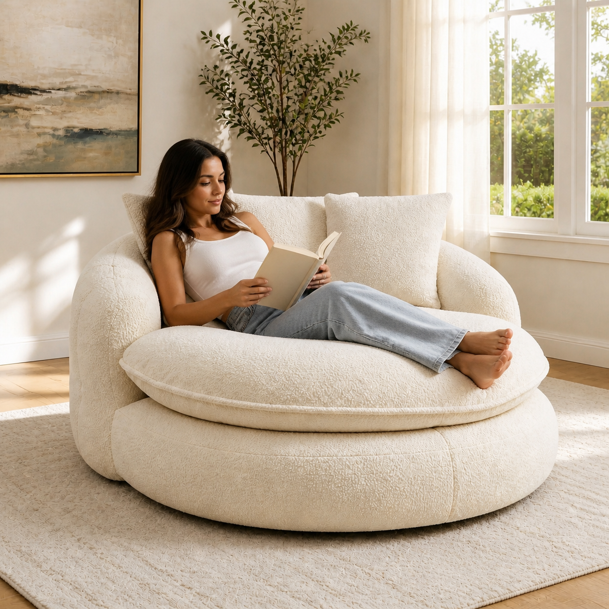 NubeLounge sofá ovalado — modelo recostada leyendo cómodamente