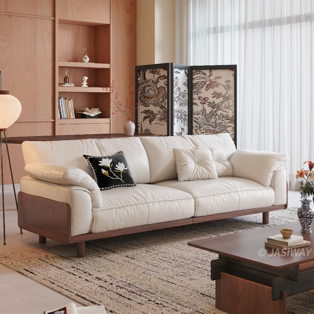 NÓVORA CASA Japandi 3-plazas sofá con Madera maciza estructura| Tapizado tela sofá para Sala