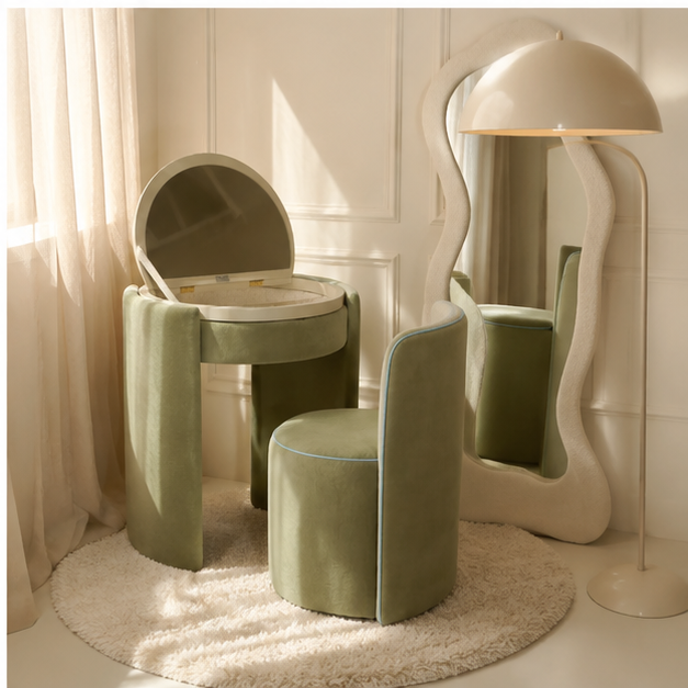 LunaNest™ | Tocador compacto tapizado con espejo y silla