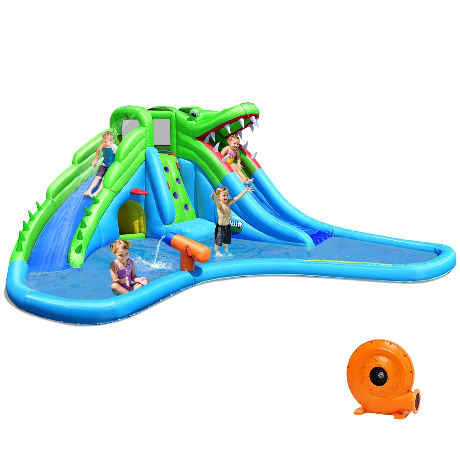 Costzon Inflatable Water Slide, Giant 7 in 1 Crocodile Water Park w/ Double Slides