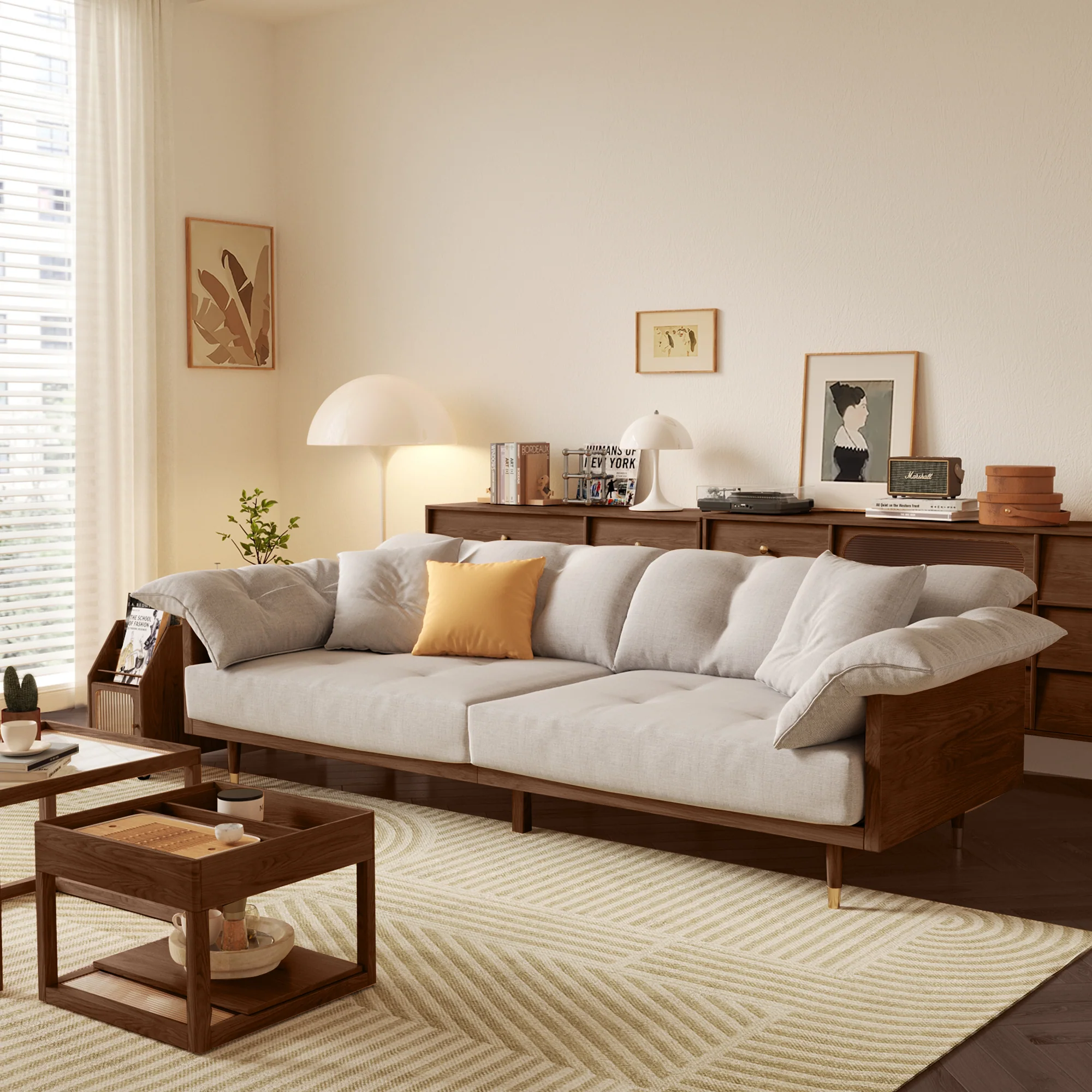 NÓVORA CASA 3-asiento Tapizado Lino de algodón sofá Madera maciza estructura sofá