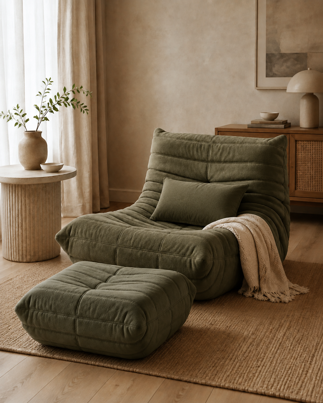 Más vendido | Sillón + reposapiés + cojín + manta — Verde oliva