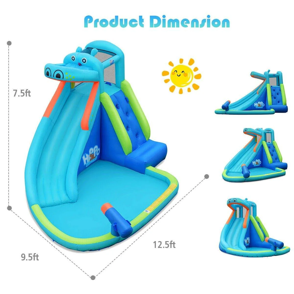 BOUNTECH Inflatable Water Slide, Hippo Themed Kids Waterslide Park for Outdoor w/Long Slide & Splash Pool
