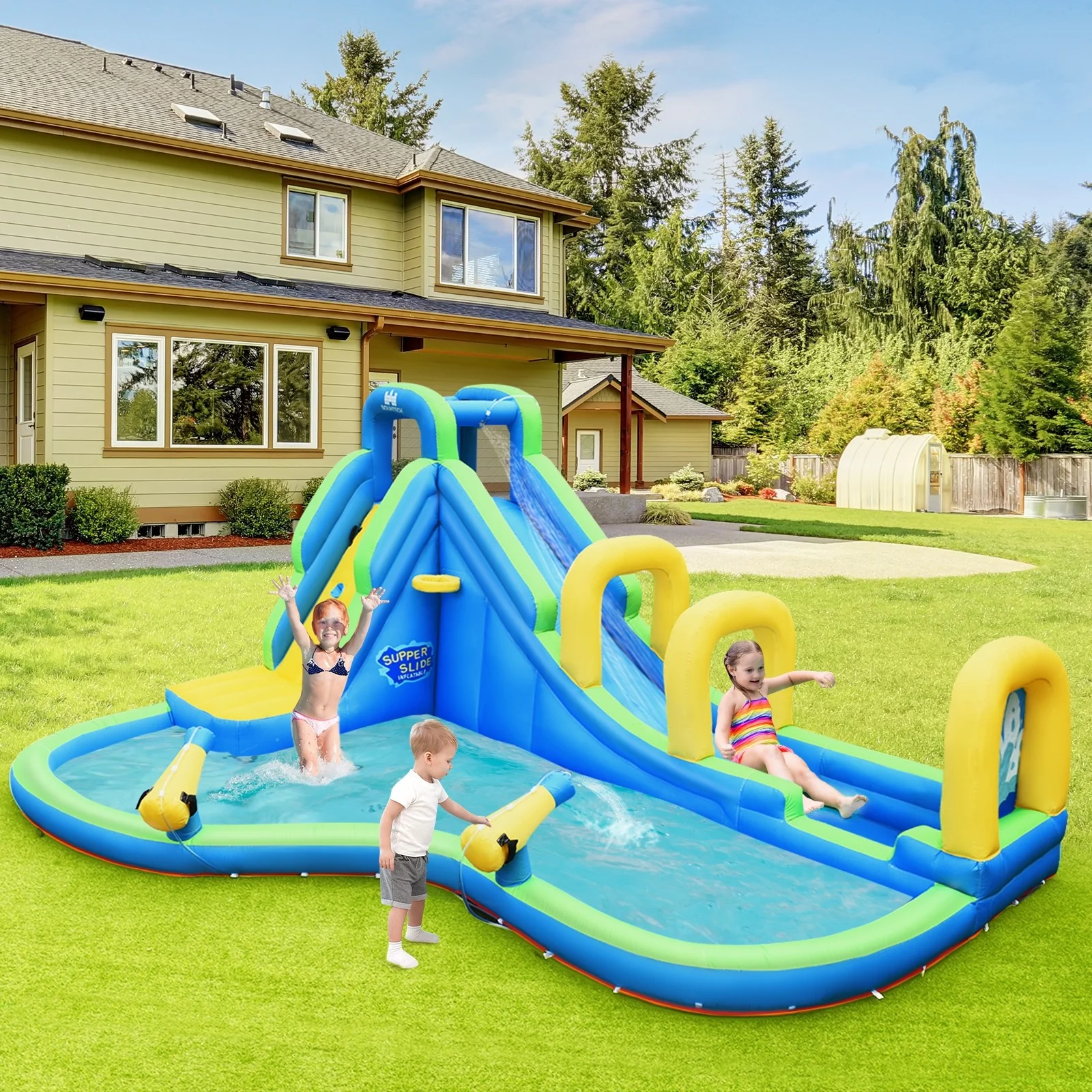 BOUNTECH Inflatable Water Slide, 16x12FT Mega Waterslide Park for Kids Backyard w/Adventure Long Slide, Splash Pool