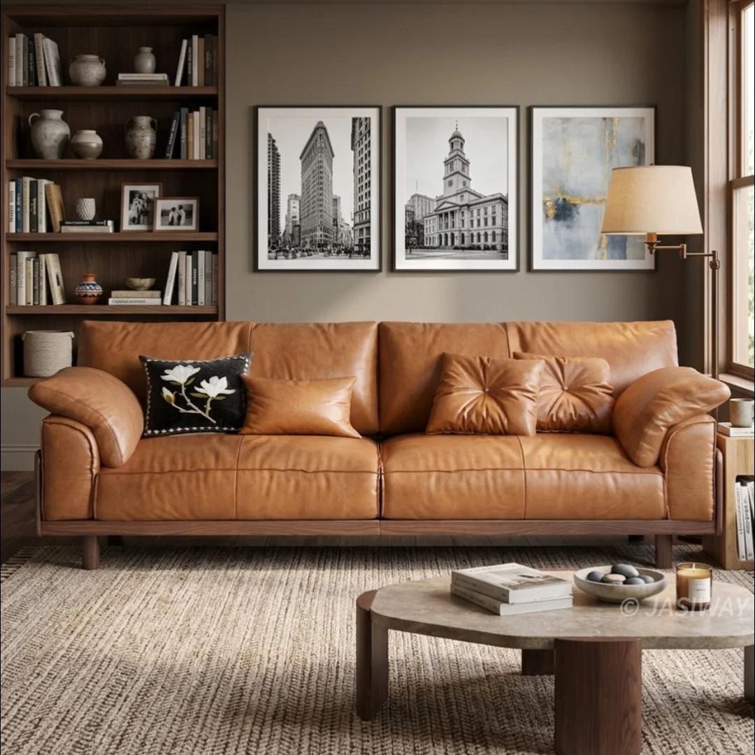 NÓVORA CASA Piel de grano superior sofá| mediados siglo Moderno 3-plazas sofá con Madera maciza soporte- genuino piel Sala muebles