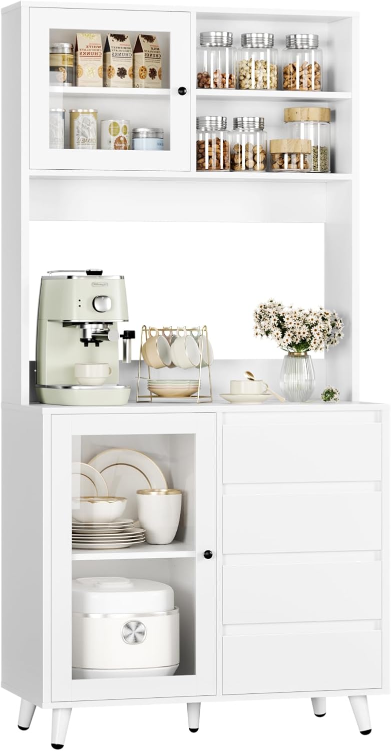 FOREHILL Szafka kuchenna, wysoka szafka, szafka bufetowa ze szklanymi drzwiami, blat roboczy, 4 szuflady, uniwersalna szafka do kuchni, jadalni, salonu, 80 x 40 x 180 cm, biała, M172