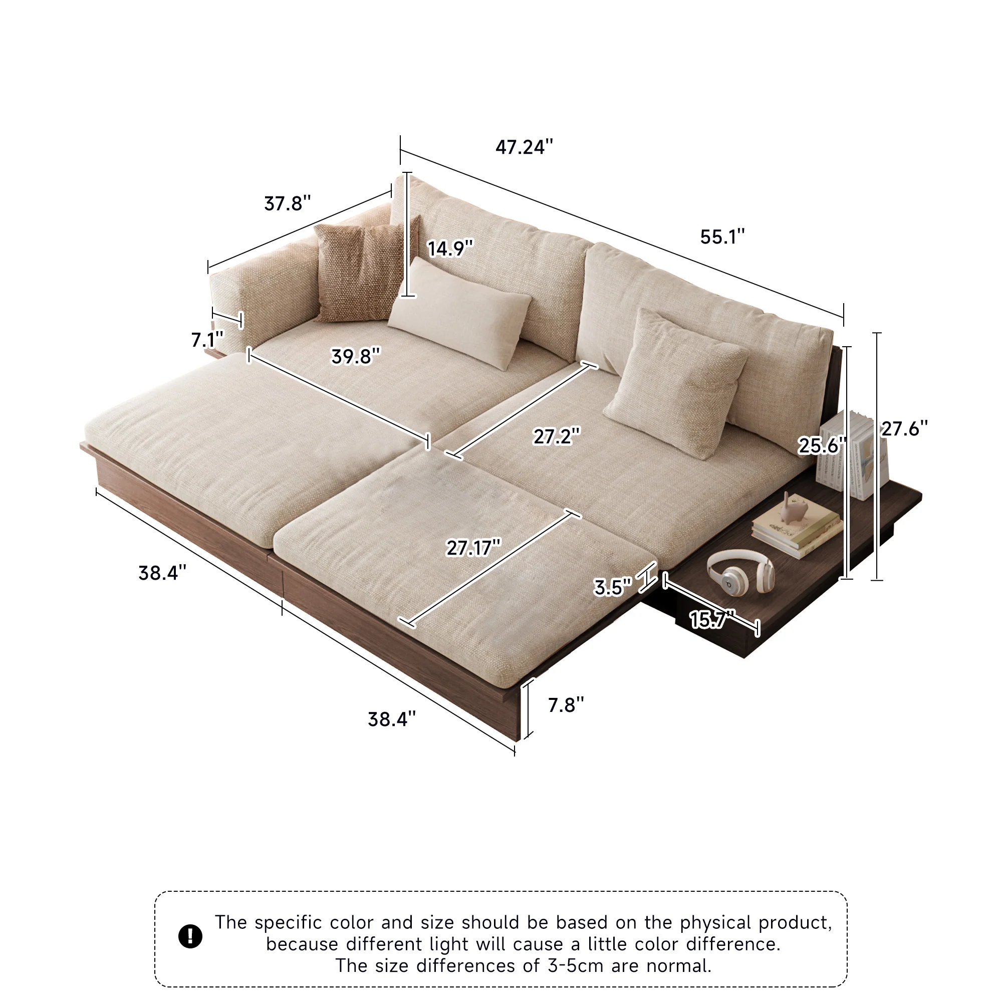 NÓVORA CASA extraíble extraíble piso Sofá cama con de doble cara reposabrazos & elevable superior Almacenamiento