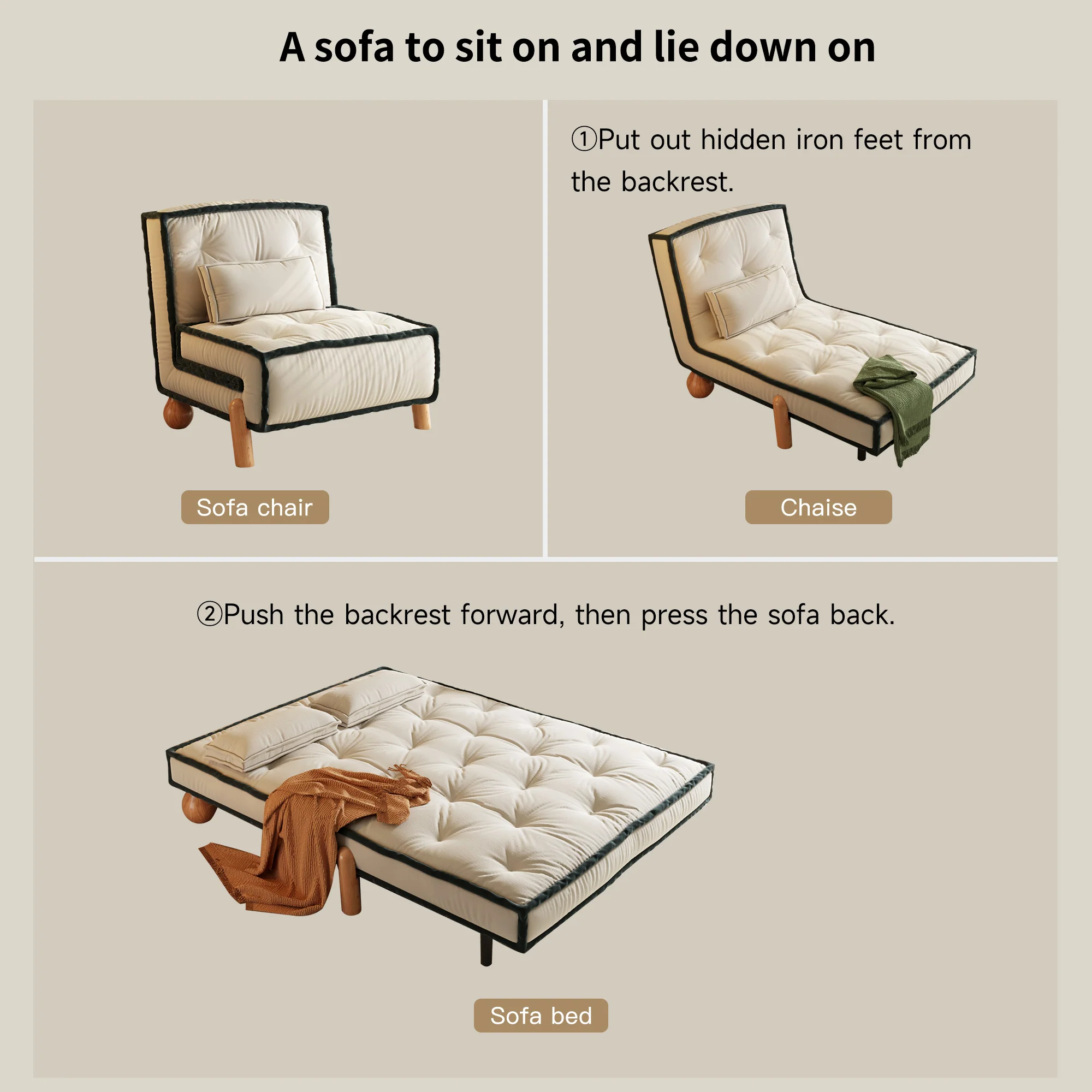 NÓVORA CASA transformable sin brazos Sofá cama individual sillón con Madera maciza patas