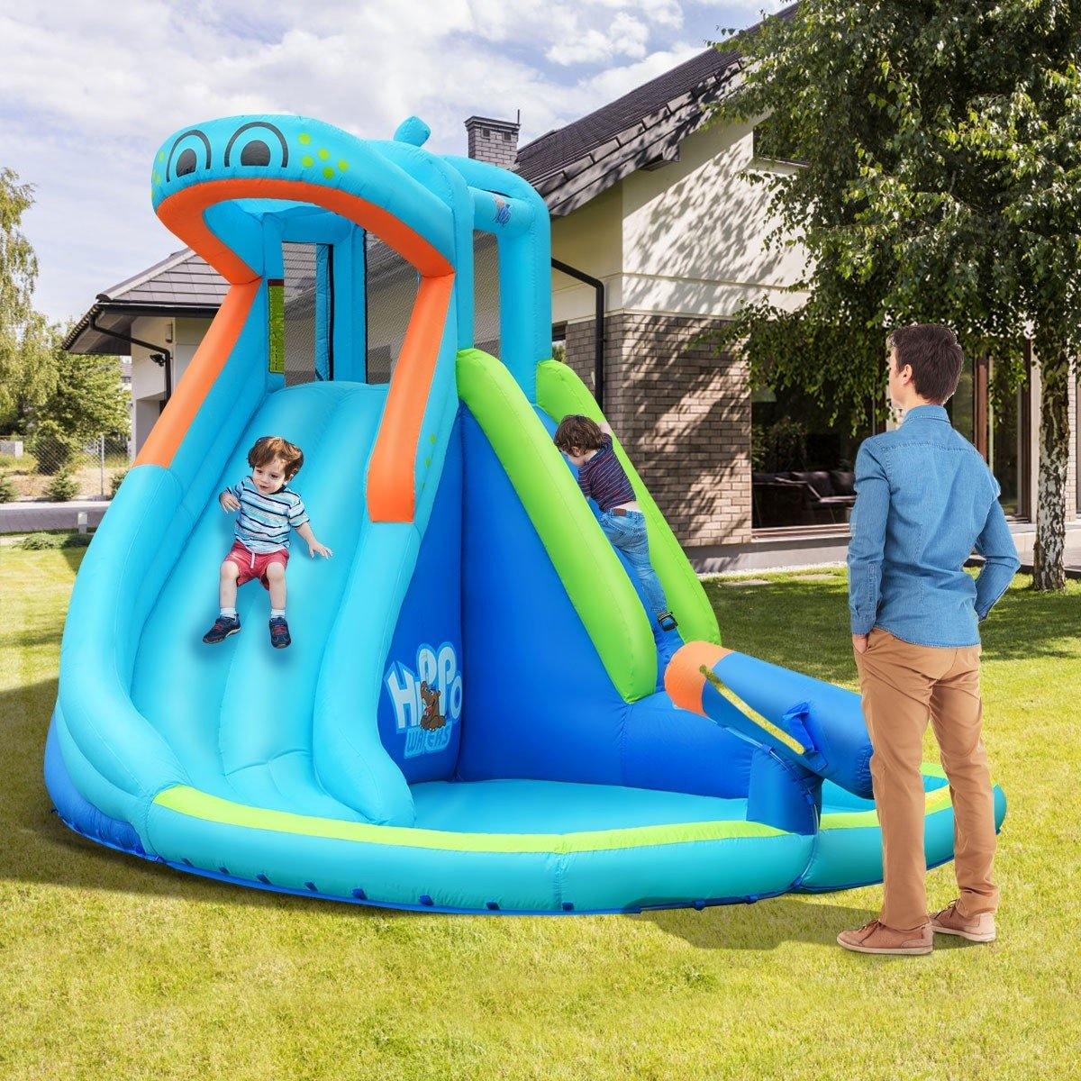 BOUNTECH Inflatable Water Slide, Hippo Themed Kids Waterslide Park for Outdoor w/Long Slide & Splash Pool