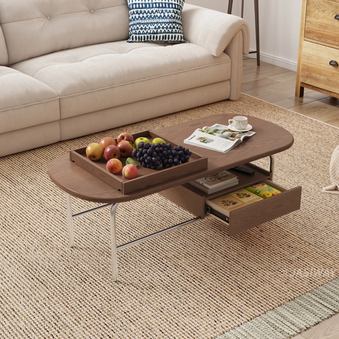 NÓVORA CASA Ovalado Mesa de centro con Almacenamiento, cajón & repisa| Minimalista madera diseño para pequeño sala habitaciones