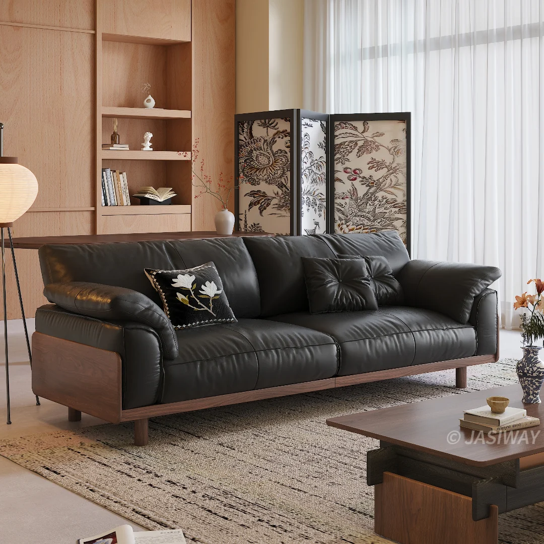 NÓVORA CASA Japandi 3-plazas sofá con Madera maciza estructura| Tapizado tela sofá para Sala