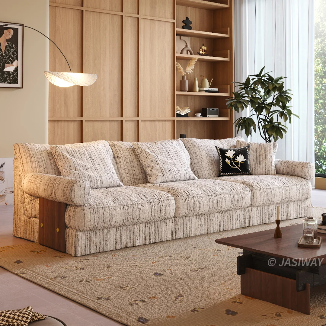 JASIWAY texturizado lino mezcla sofá– Minimalista Crema Blanco Tapizado sofá con Madera maciza detalle| cómodo Sala asiento