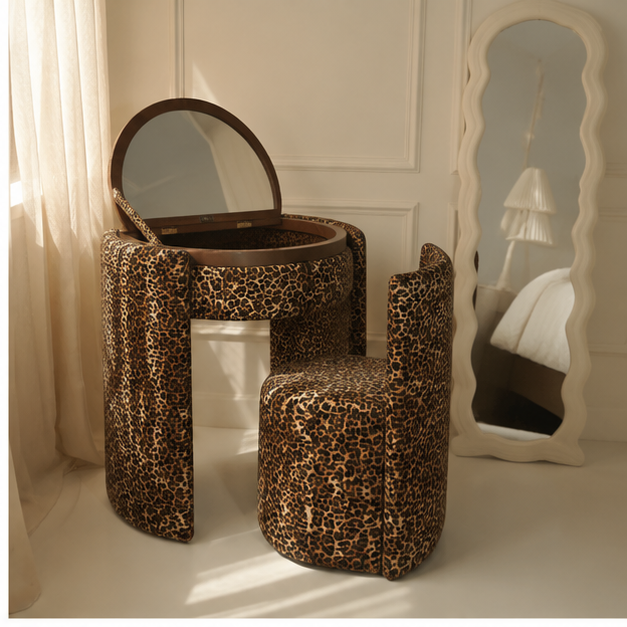 LunaNest™ | Tocador compacto tapizado con espejo y silla
