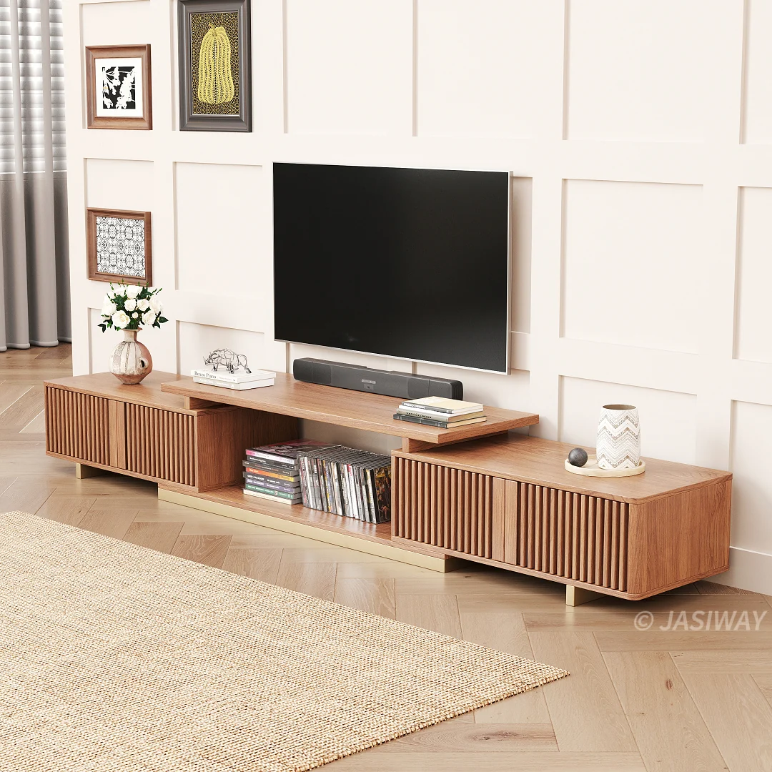 NÓVORA CASA Extensible acanalado madera Mueble para TV con 2 gabinetes & Almacenamiento| Ajustable Moderno multimedia consola para TVs superior a 85