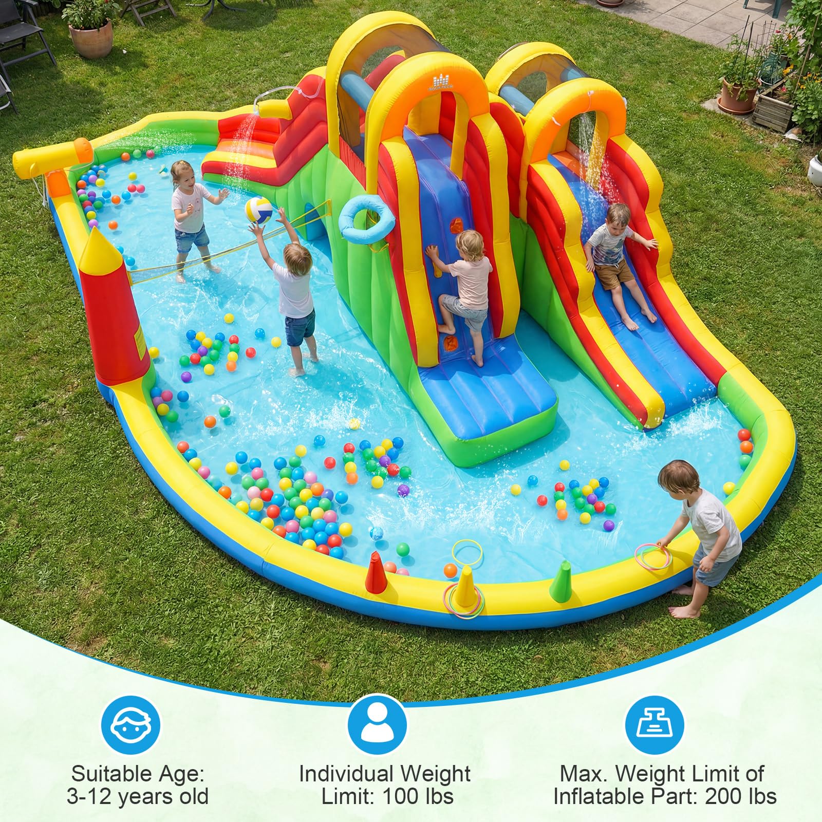 BOUNTECH Inflatable Water Slide Park | 12 in 1 Kids Mega Water Bounce House with Large Deep Pool