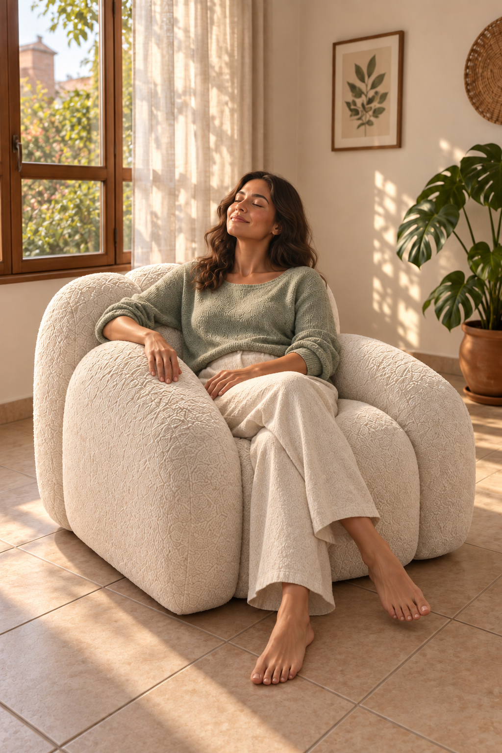 OndaCasa COHOME MODEL V1 - sillón con modelo ficticia; imagen generada con IA
