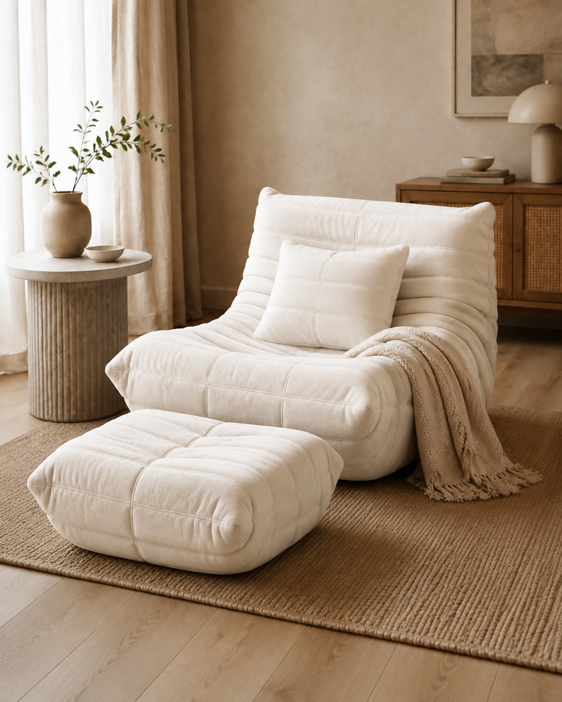Más vendido | Sillón + reposapiés + cojín + manta — Marfil