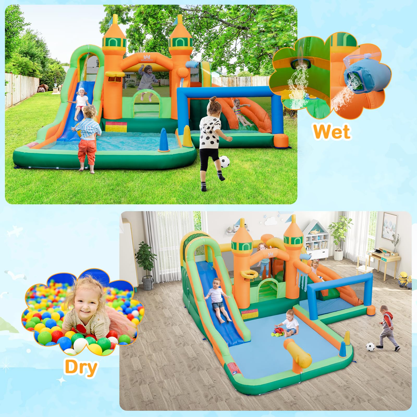 BOUNTECH Inflatable Water Slide Park, 9 in 1 Mega Waterslide Bounce House for Outdoor w/Dual Slides