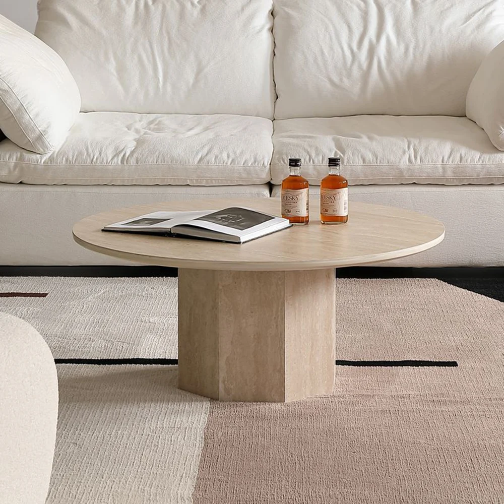 NÓVORA CASA Japandi Redondo Mesa de centro- Beige travertino & premium madera