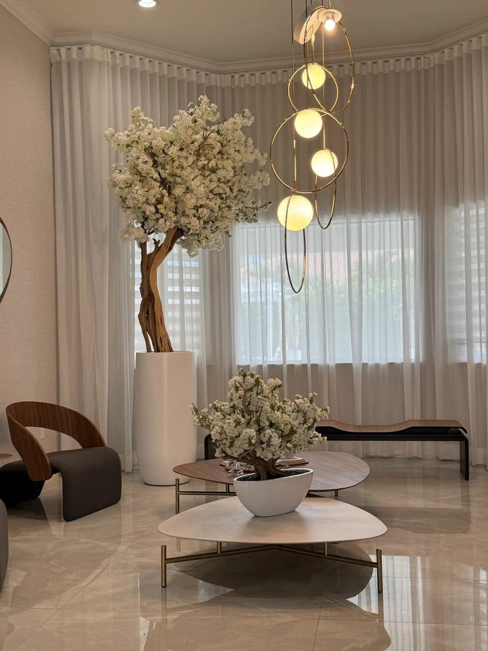 Matte Beige St. Tropez Planter with Custom Made White Cherry Blossom Tree