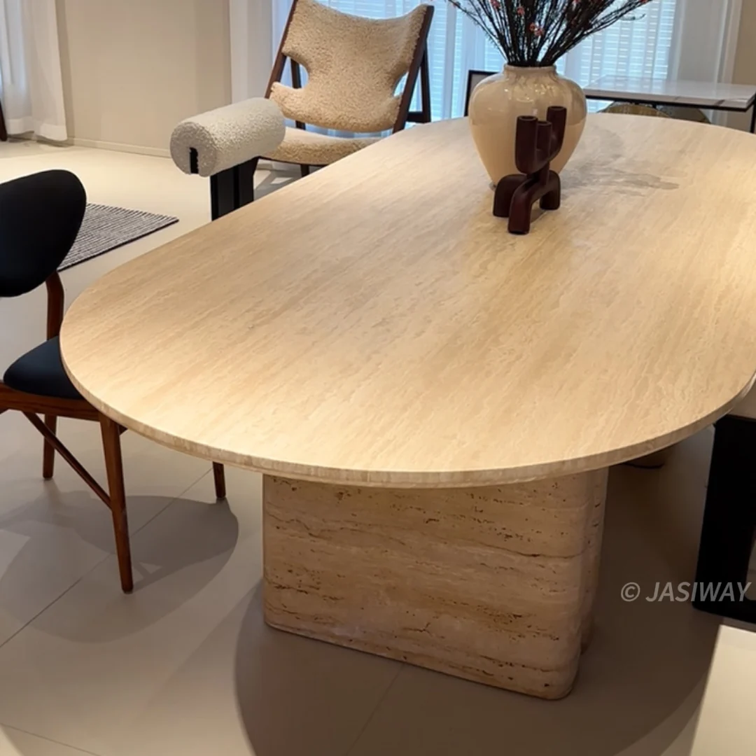 RINGCHEN Luna travertino Ovalado Mesa de comedor| escultórico piedra pedestal mesa para Moderno orgánico hogares