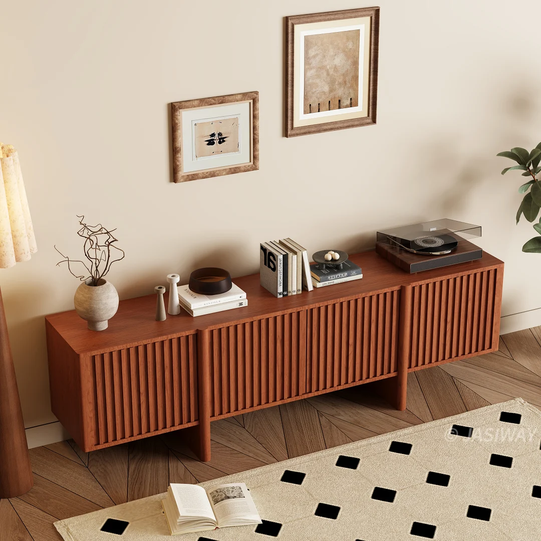 NÓVORA CASA mediados siglo Moderno acanalado Mueble para TV con madera de listones puertas| 79 pulgadas multimedia consola gabinete para TVs superior a 85 pulgadas
