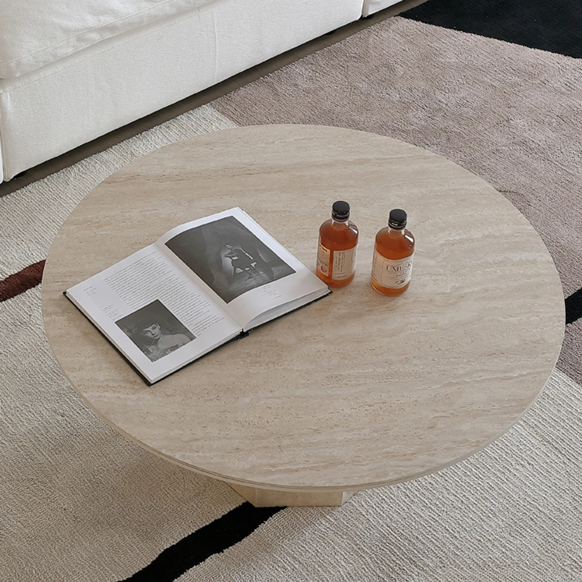 NÓVORA CASA Japandi Redondo Mesa de centro- Beige travertino & premium madera