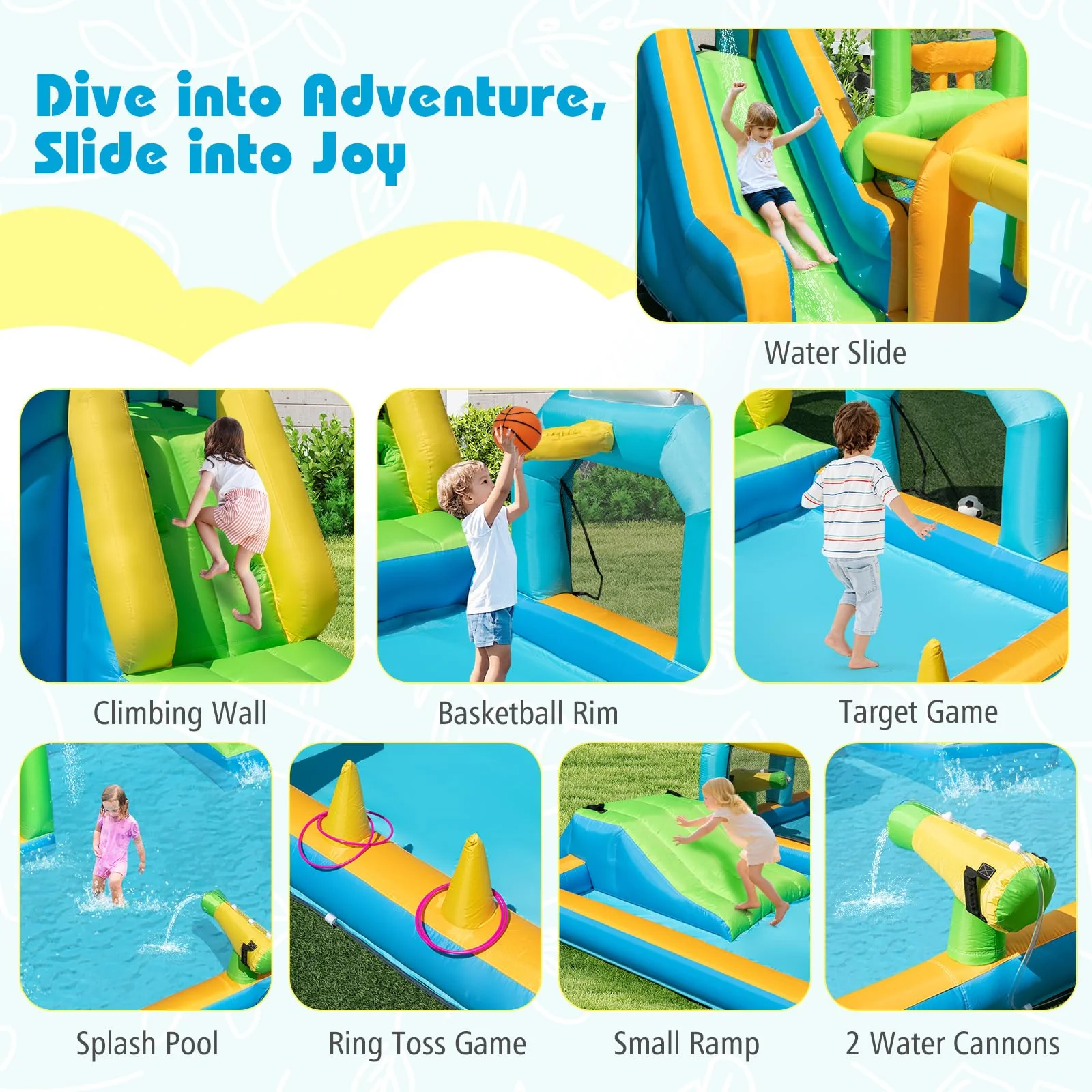 BOUNTECH Inflatable Water Slide Park 9-in-1 Water Slide with Basketball Rim